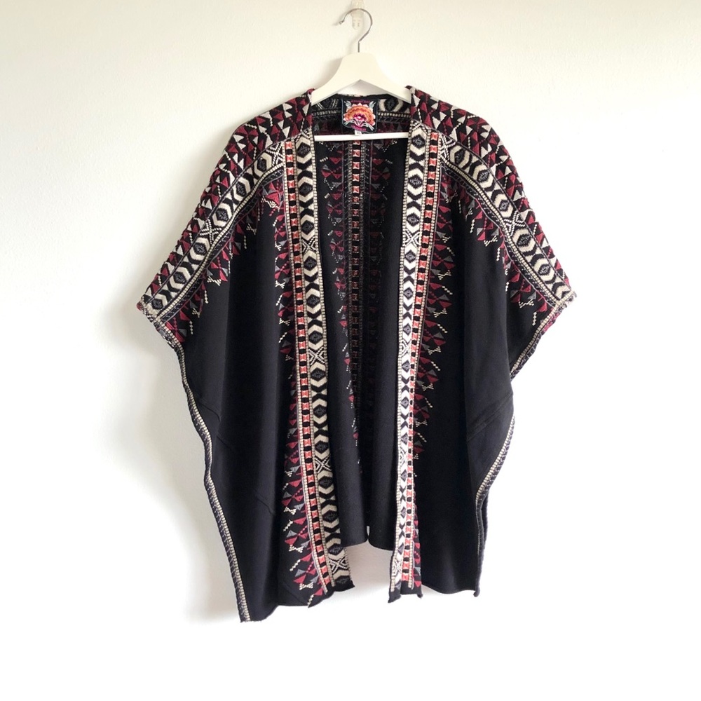 Johnny Was JWLA Black / Maroon Embroidered Open Front Poncho Cardigan Size XS